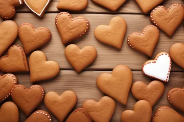 Fotobehang Homemade valentine cookies on wooden background. Gingerbread hearts for Valentine's day. One sugar glazed cookies. Present for holiday, birthday, woman's day, Christmas © ratatosk