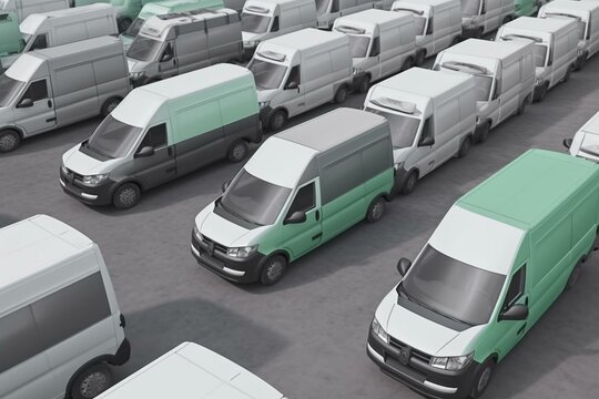 Rows of delivery vans: gray cars on one side, green on the other. Clean transportation concept. Generative AI