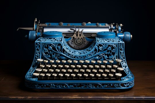 Antique typewriter in blue. Generative AI