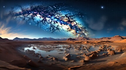 A panoramic view of a starry night sky in the Atacama Desert, Chile, capturing the Milky Way and other celestial bodies, with an emphasis on clarity and depth of field