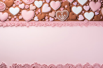 Homemade valentine cookies on pink background with copy space. Gingerbread hearts for Valentine's day. Sugar glazed cookies. Present for holiday, birthday, woman's day 