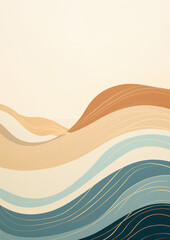 Minimalist collage of abstract waves, lines, delicate colors, golden layer, minimalism, retro, on neutral background