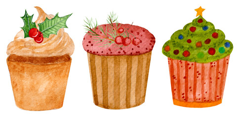 Watercolor food set, cupcakes with decor isolated on a white background. For various products, Christmas, New Year etc.