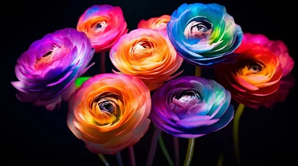 Poster An artistic, ultra HD 8K composition of Rainbow Ranunculus blooms in various stages of bloom, creating a visual masterpiece. © Anmol