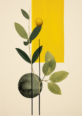 Minimalistic collage of orange tree, yellow suare and dark circles on neutral gray background. Surreal collage-style paintings