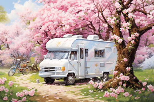 Camper van surrounded by pink blossom sakura