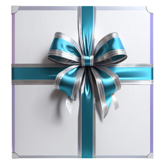 blue ribbon with silver and bow around a white gift box  isolated against transparent background