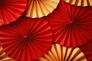 Red and gold fan pattern background. Festival or wedding traditional asian decoration. Lunar New Year chinese banner template with copy space - obrazy, fototapety, plakaty