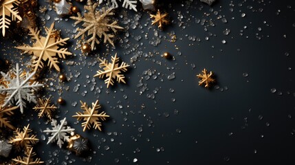 top view Christmas background with Shining gold Snowflakes, copy space