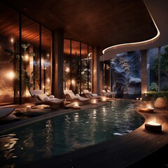 an interior design perspective of a warm feeling spa style natatorium 