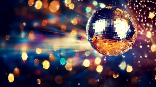 A spinning disco ball. Moving colorful background. Looped animation. Minute