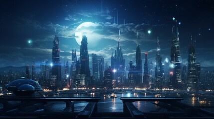 Fototapeta na wymiar An awe-inspiring extraterrestrial cityscape at night, illuminated by luminescent architecture.