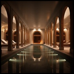an interior design perspective of a warm feeling spa style natatorium 