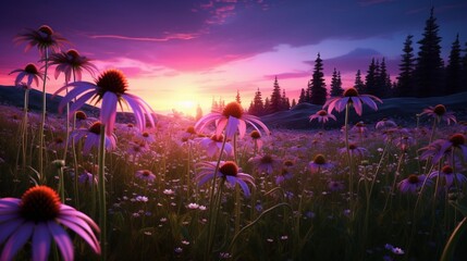 An Echinacea field, where the flowers seem to merge with the aurora borealis, forming a...