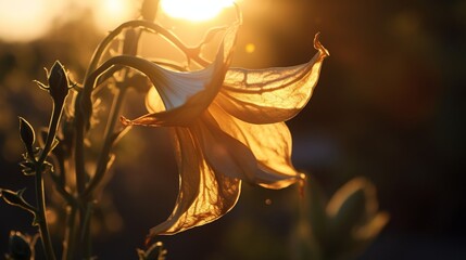An elegant Angel's Trumpet blossom, backlit by the golden rays of the setting sun, casting a...