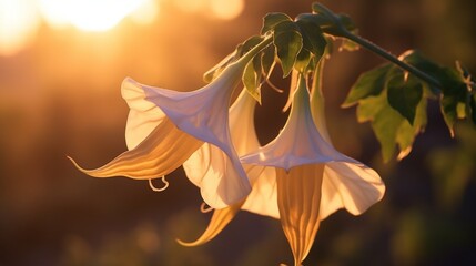 An elegant Angel's Trumpet blossom, backlit by the golden rays of the setting sun, casting a captivating silhouette.