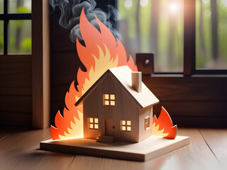 wooden house on fire, fire, fire safety concept - obrazy, fototapety, plakaty