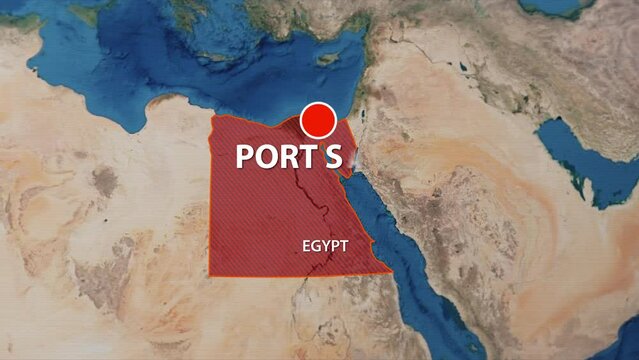 Designation of the borders of Egypt on the map and the mark of the location of the city of Port Said