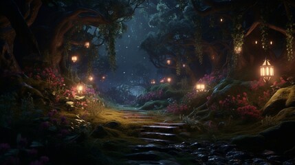 An enchanted forest at twilight, where trees are adorned with glowing runes and mystical creatures roam.
