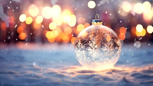 A glass bauble lies on the snow. Falling snow and moving lights in the background. Loop animation. One minute
