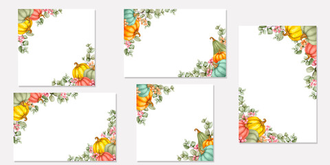 Set of watercolor frames with pumpkins, eucalyptus and berries. Fall Decor, Thanksgiving, Cozy Home, Harvest Festival. Illustration for cards, invitations, greetings, announcements, advertising, etc.