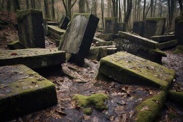 Unfathomable ancient slabs in a burial ground. Generative AI
