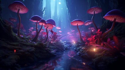 An enchanting Radiant Rafflesia meadow, where the entire landscape is aglow with their stunning bioluminescence. - obrazy, fototapety, plakaty