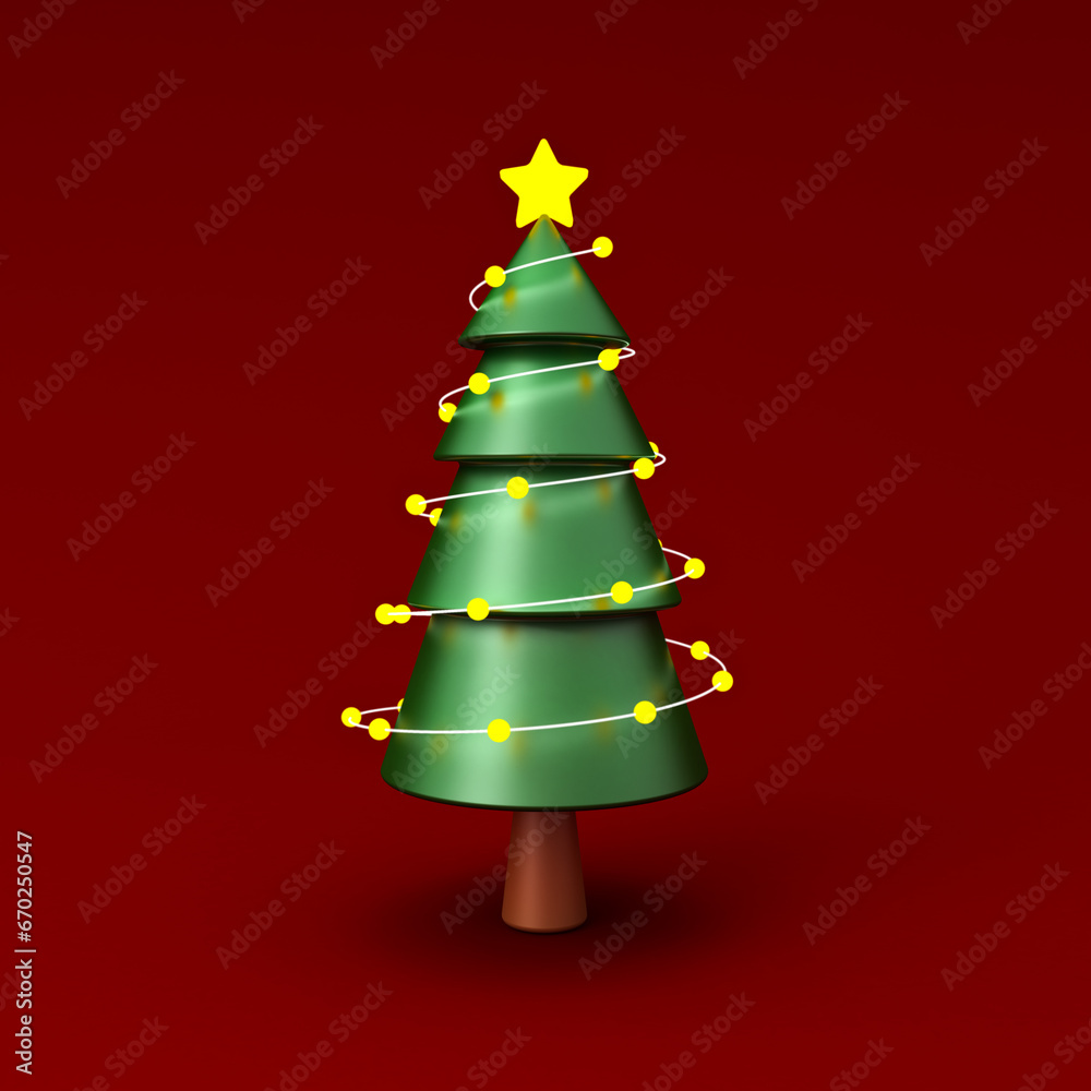 Aufkleber Minimal christmas tree with yellow led neon light bulbs isolated on dark red background with shadow 3D rendering