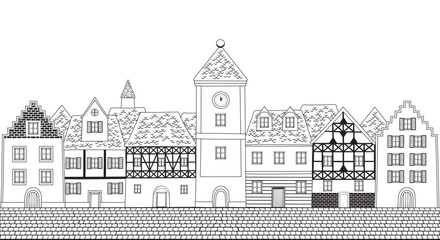 Vector illustration of traditional central European houses - obrazy, fototapety, plakaty