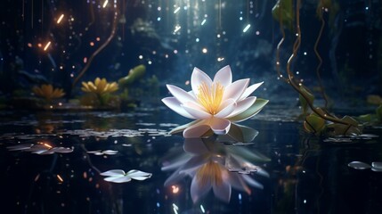 An enchanting Starlight Lily reflected in the crystal-clear waters of a tranquil pond.