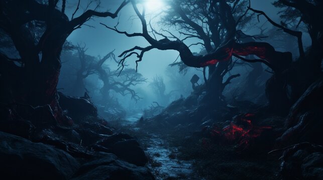 An enigmatic Myrtle forest with ancient, gnarled trees surrounded by a mysterious mist at midnight.