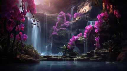 A celestial garden of Cattleya orchids illuminated by a cascading waterfall, creating a magical ambiance in the moonlight. - obrazy, fototapety, plakaty