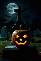 Halloween Jack o'lantern in a graveyard