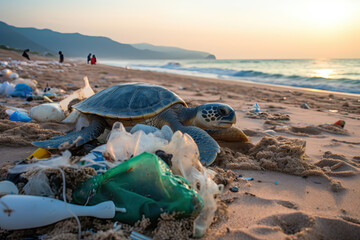 Clean a beach save a turtle. social responsability concept - obrazy, fototapety, plakaty