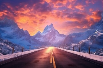 Scenic winter road amidst majestic snow-capped mountains. Generative AI