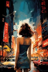 Portrait of a beautiful fashionable woman with a hairstyle, in a city street, at night. Illustration poster in the style of 1960
