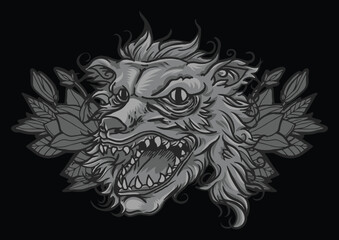 Aggressive demon beast head in monochromatic style vector illustration