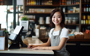 Asian smiling woman working as a cashier in the store - obrazy, fototapety, plakaty