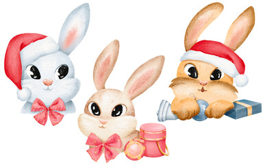 Charming rabbits exude holiday cheer with Santa hats Christmas ornaments and presents. bunny portraits are for stickers, cards, sets, and design elements. isolated watercolor digital illustration