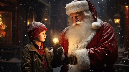 Santa claus and a little boy in the christmas night. Generative ai