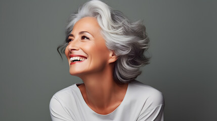 Beautiful gorgeous 50s mid age beautiful elderly senior model woman with grey hair laughing and smiling. Mature old lady close up portrait. - obrazy, fototapety, plakaty