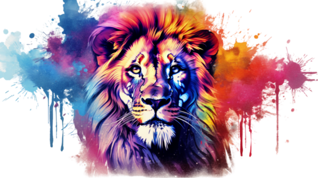 Close-up of the face of a multi-colored lion with multi-colored fur on a white background.  Watercolor paints.