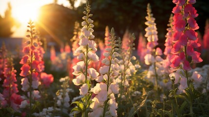An exquisite Silvermist Snapdragon garden at golden hour, with the sunlight casting a warm glow on...