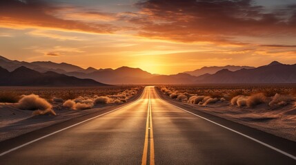 Fototapeta na wymiar Empty road in the desert, golden hour time. Generative ai