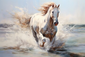 Illustration painting of a white horse running in the river, suitable for wall decorations. Generative ai