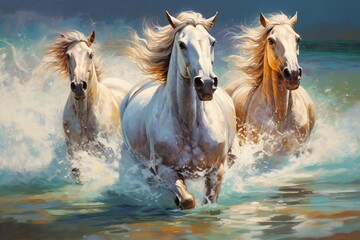 Illustration painting of three white horses running in the river, suitable for wall decorations. Generative ai