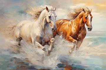 Obraz na płótnie Canvas Illustration painting of two horses running in the river, suitable for wall decorations. Generative ai