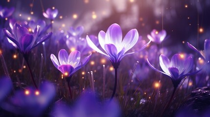 An extraterrestrial meadow filled with luminous Cosmic Crocus blossoms, bathed in the soft glow of...