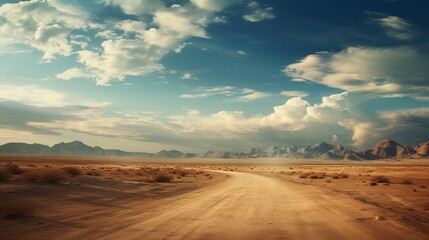 Fototapeta na wymiar Road in the desert with epic sky and clouds. Generative ai