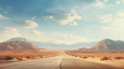 Empty road in the desert, epic sky and clouds, with mountains far away. Generative ai